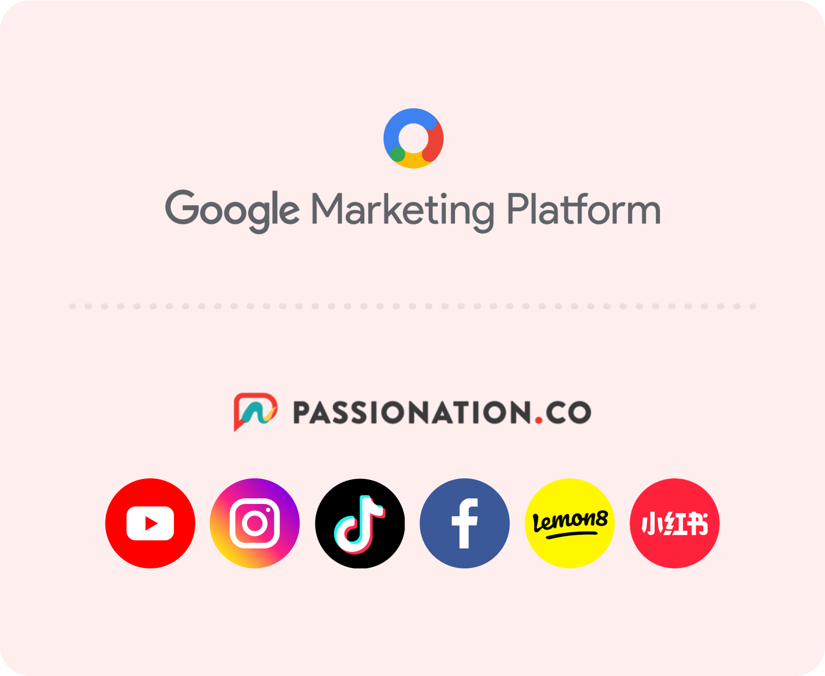 google marketing platform = passionation.co, yotube, instagram, tictok, facebook, lemon8